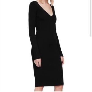 All Saints Black Ribbed Bodycon Dress V-Neck, Size Small